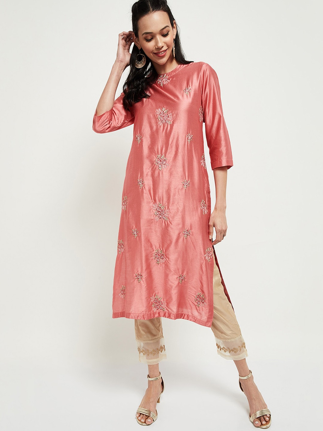 max Women Rust Floral Embroidered Kurta