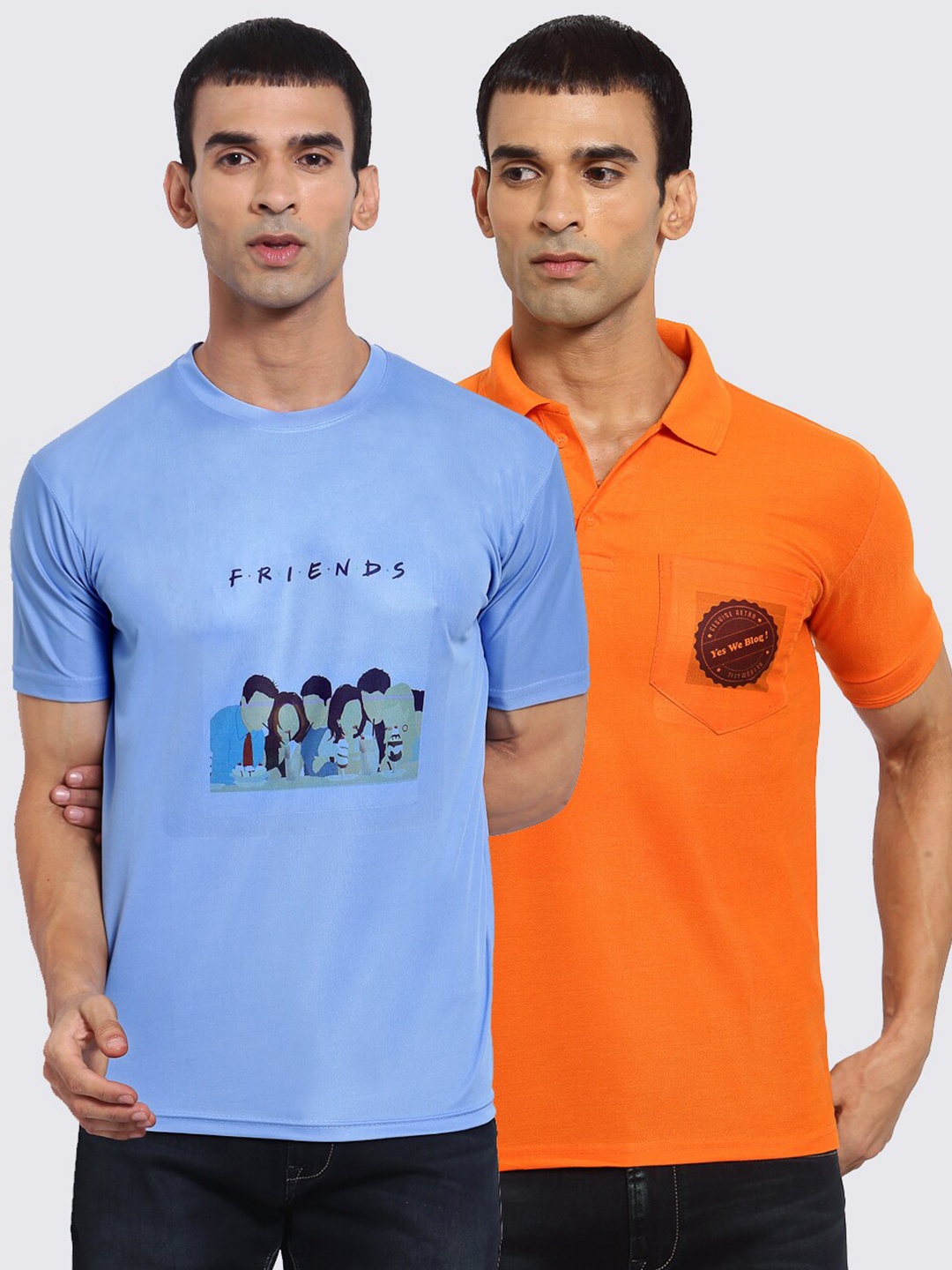 KLOTTHE Men Blue & Orange Pack Of 2 Printed T-shirts