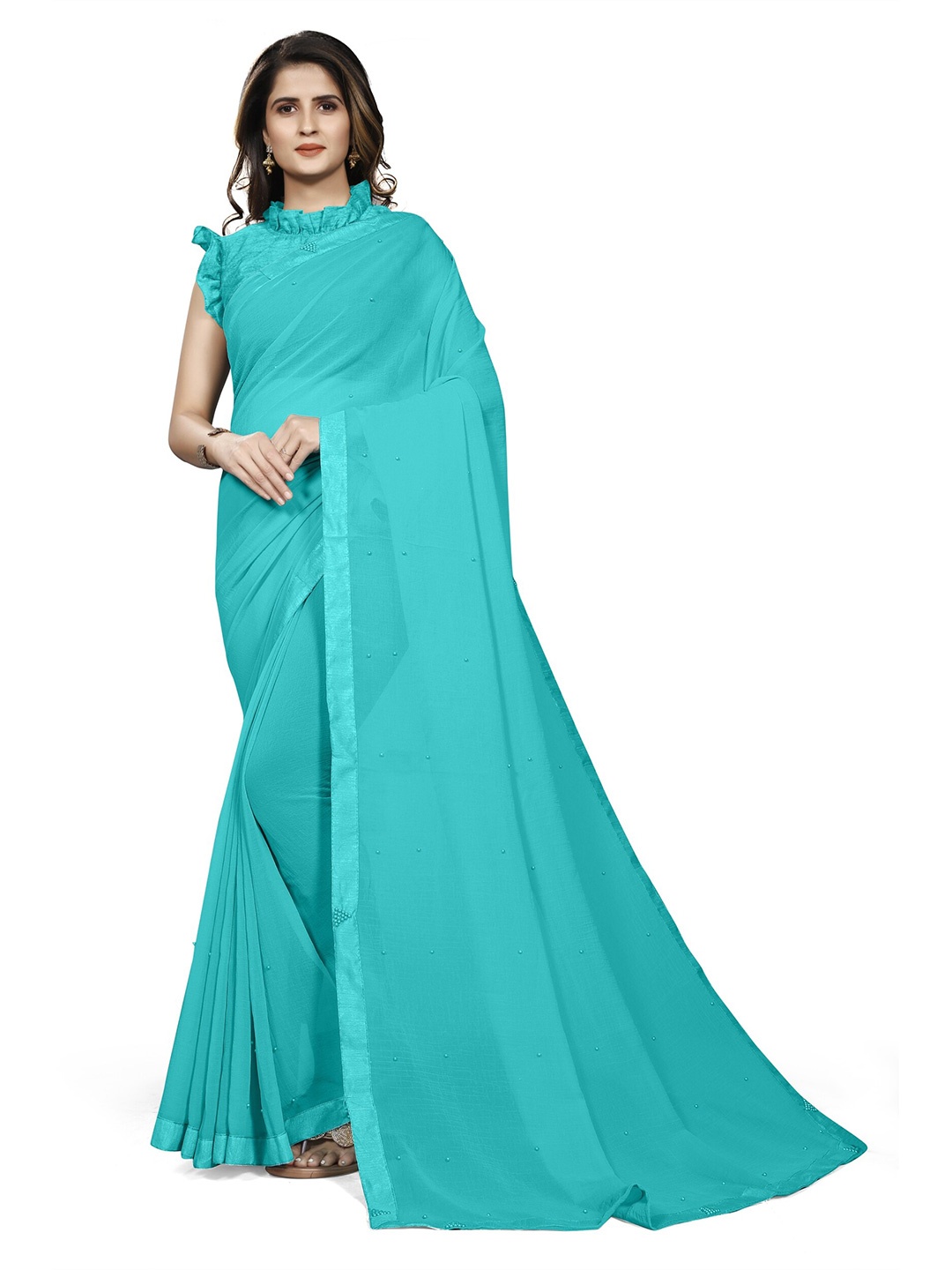 KALINI Turquoise Blue Stones Embellished Saree