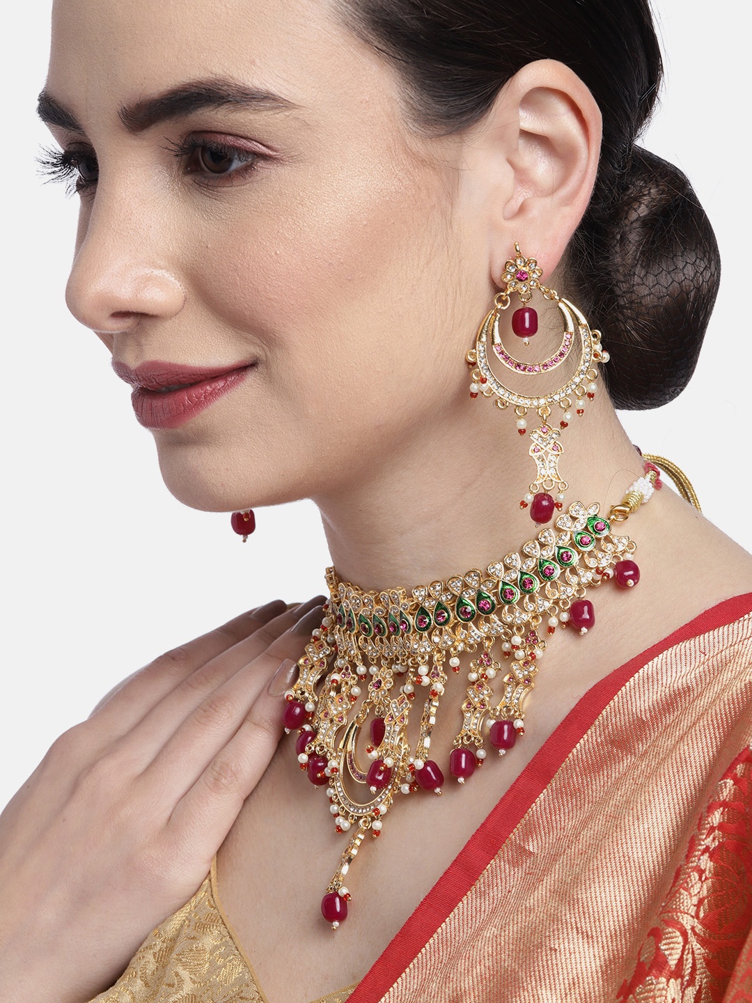 Anouk Magenta & Green Gold-Plated Stone-Studded & Beaded Jewellery Set