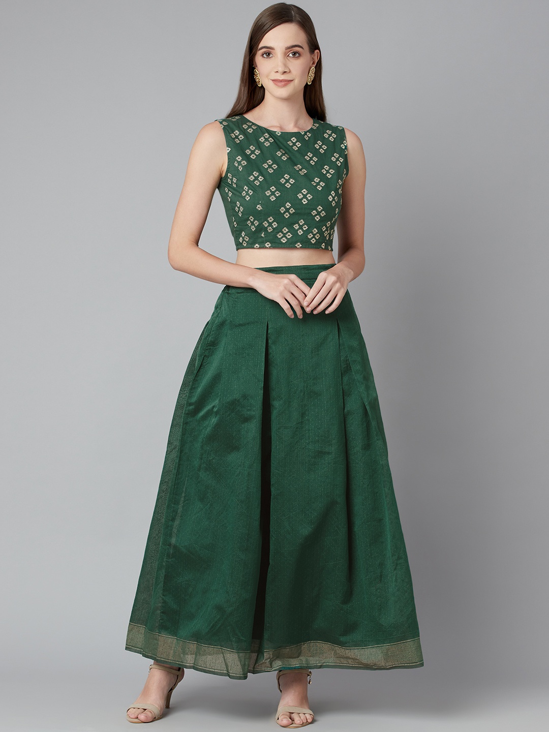 Purple State Women Green & Gold-Toned Embroidered Top with Pleated Skirt