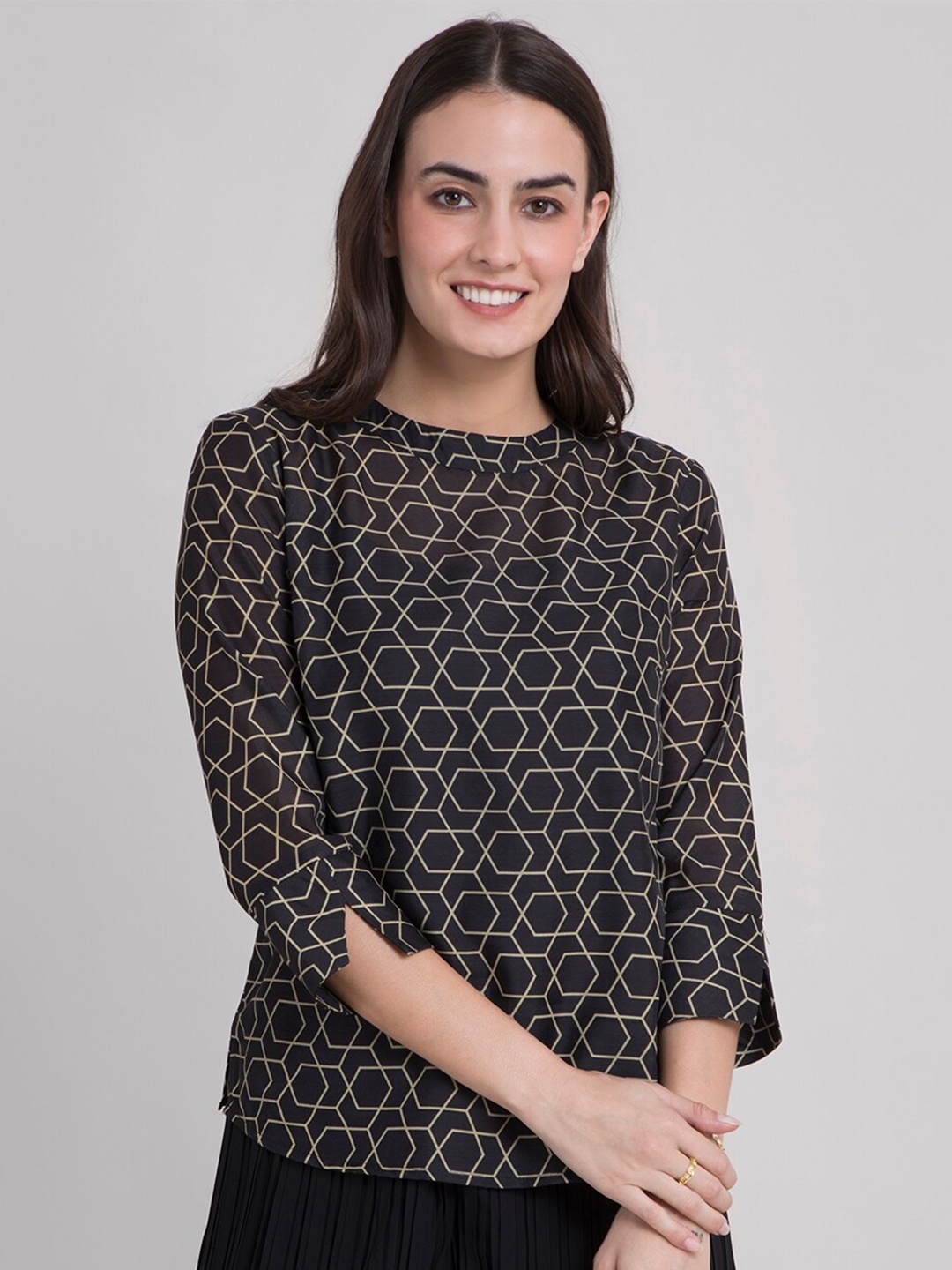 FableStreet Black Geometric Regular Top