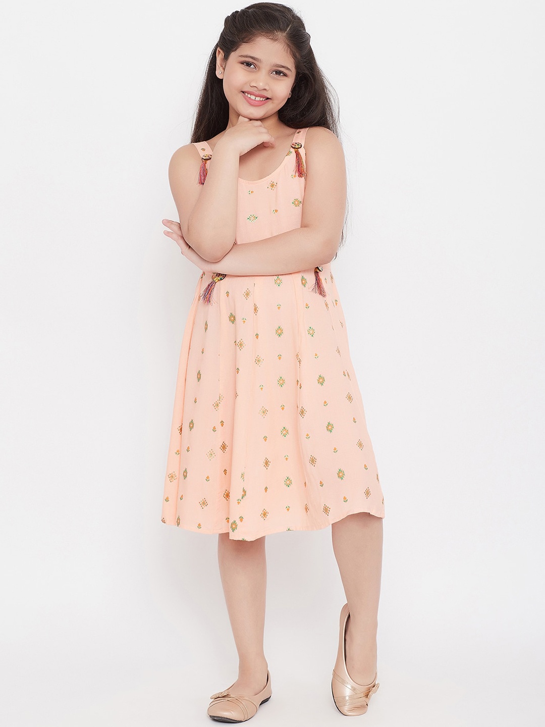 KYDZI Girls Peach-Coloured & Green Printed Dress