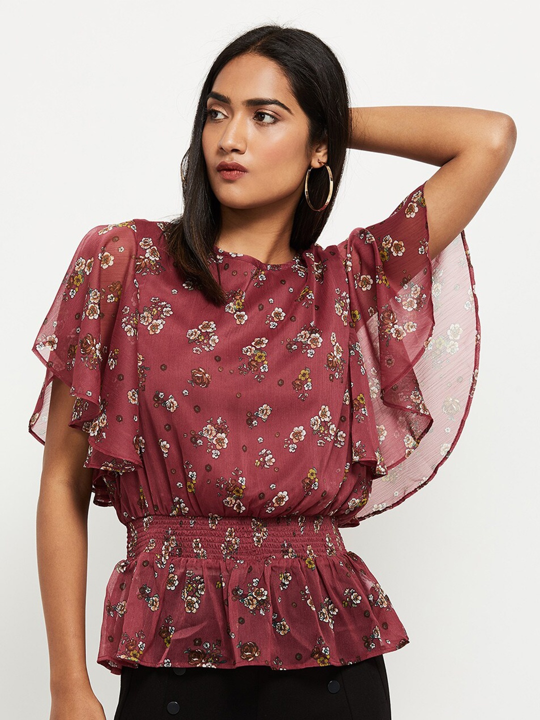 max Women Pink Floral Cinched Waist Top
