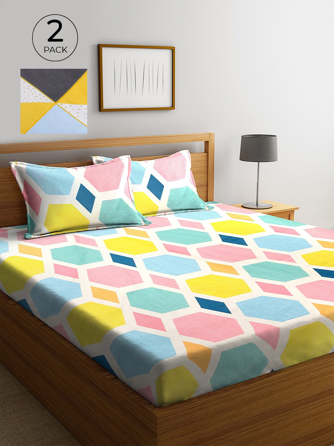 KLOTTHE Multicoloured Geometric Printed 210 TC 2 King Bedsheet with 4 Pillow Covers, Multi
KLOTTHE Multicoloured Geometric Printed 210 TC 2 King Bedsheet with 4 Pillow Covers, Multi
