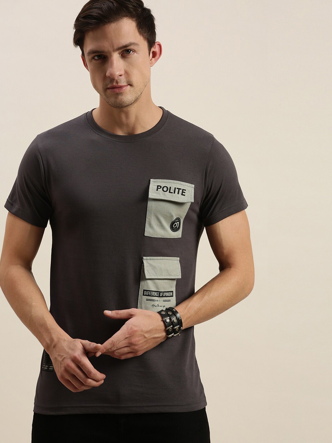 Difference of Opinion Men Charcoal Grey Pure Cotton Colourblocked Pockets T-shirt