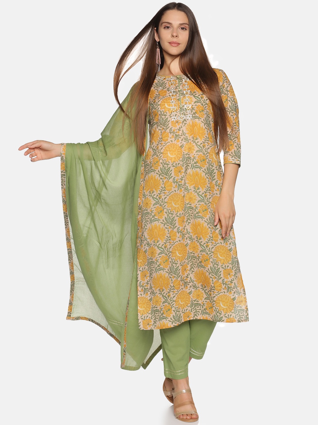 Palakh Women Yellow & Green Floral Printed Pure Cotton Kurta with Trousers & Dupatta
Palakh Women Yellow & Green Floral Printed Pure Cotton Kurta with Trousers & Dupatta