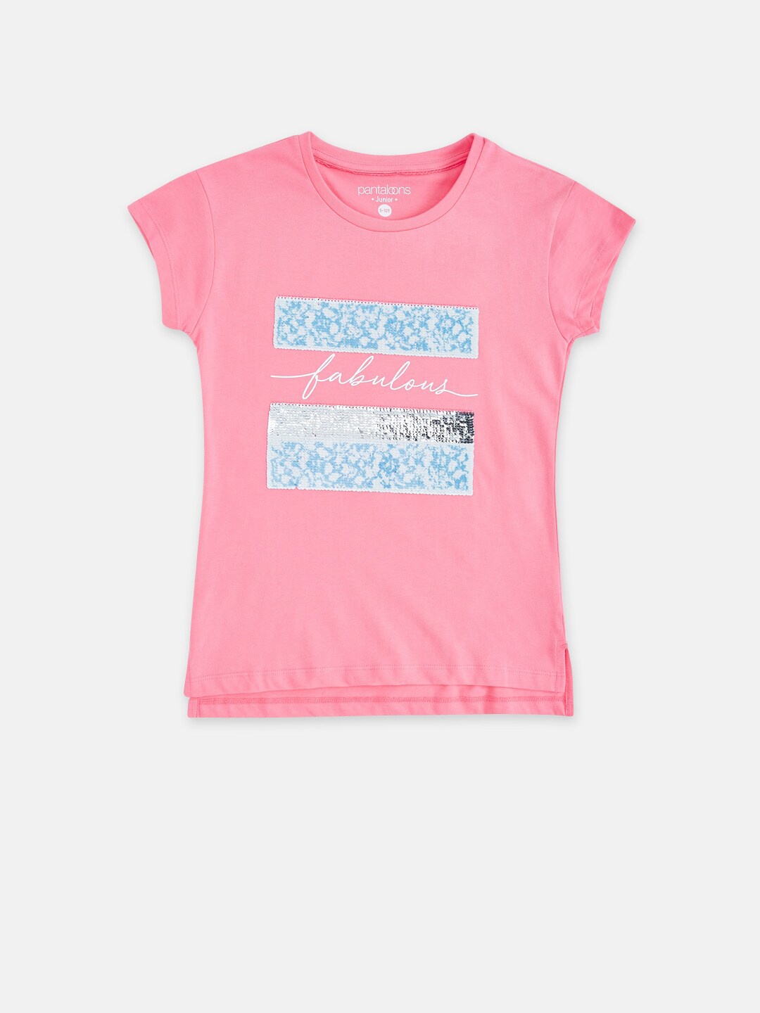 Pantaloons Junior Girls Pink Typography Printed Extended Sleeves Applique T-shirt