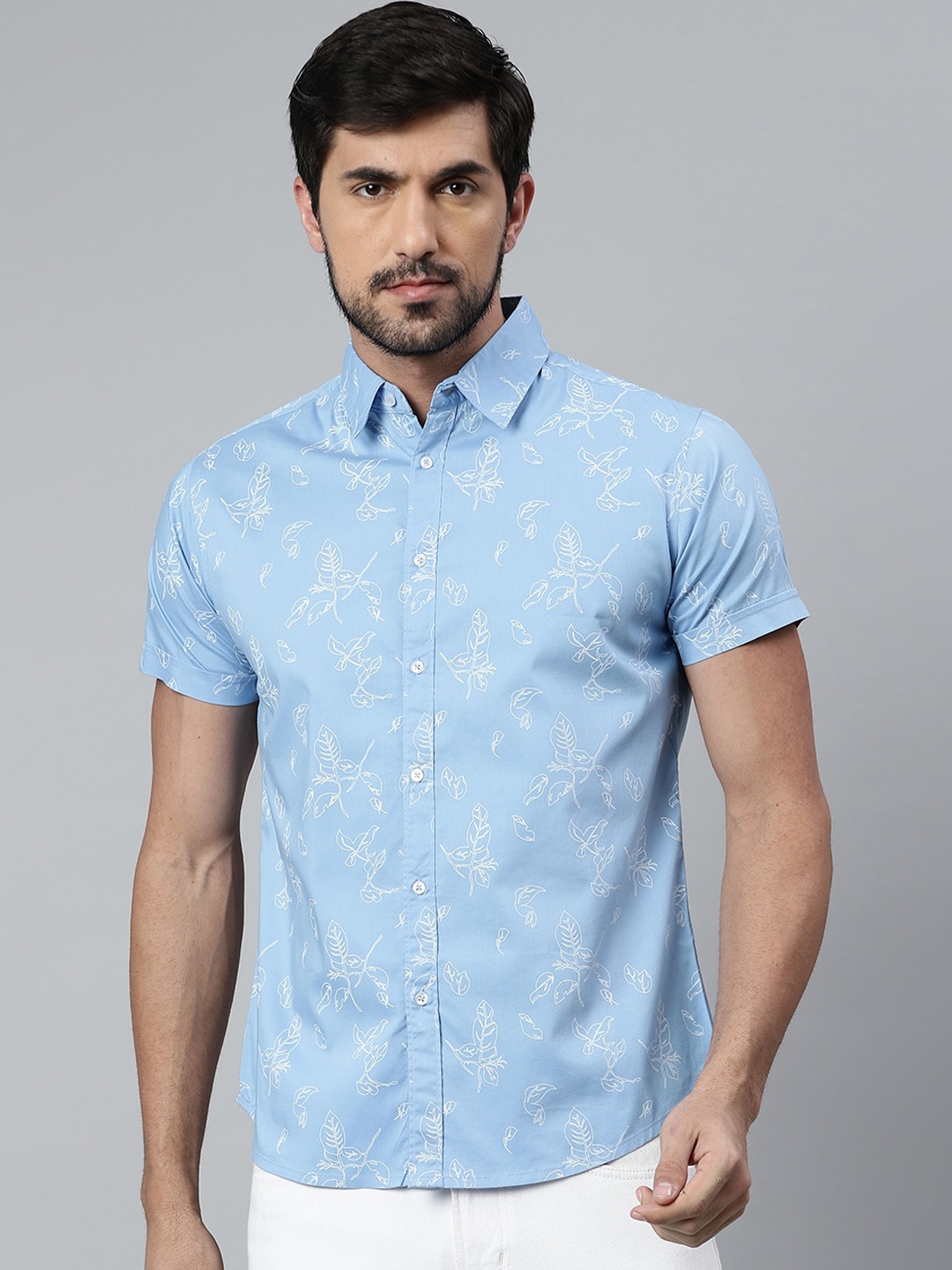 Dennis Lingo Men Blue Comfort Slim Fit Floral Opaque Printed Casual Shirt