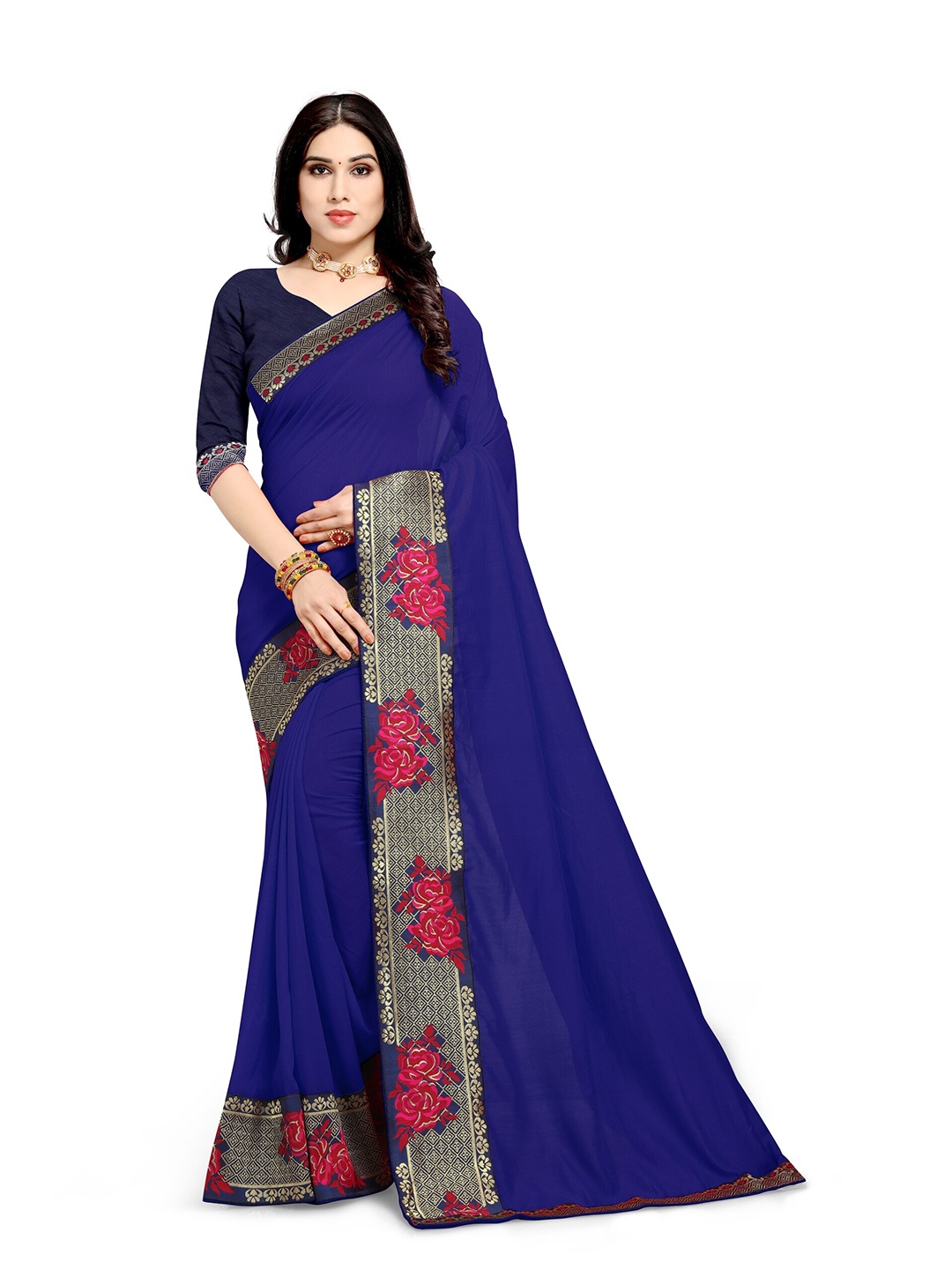 Mirchi Fashion Navy Blue & Gold-Toned Saree