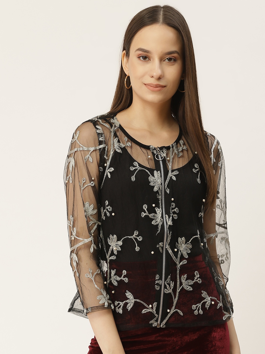 urSense Women Black Printed Embroidered Shrug