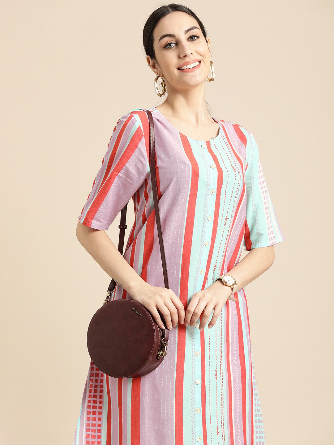 Anouk Women Multicoloured Striped Pure Cotton Kurta, Multi