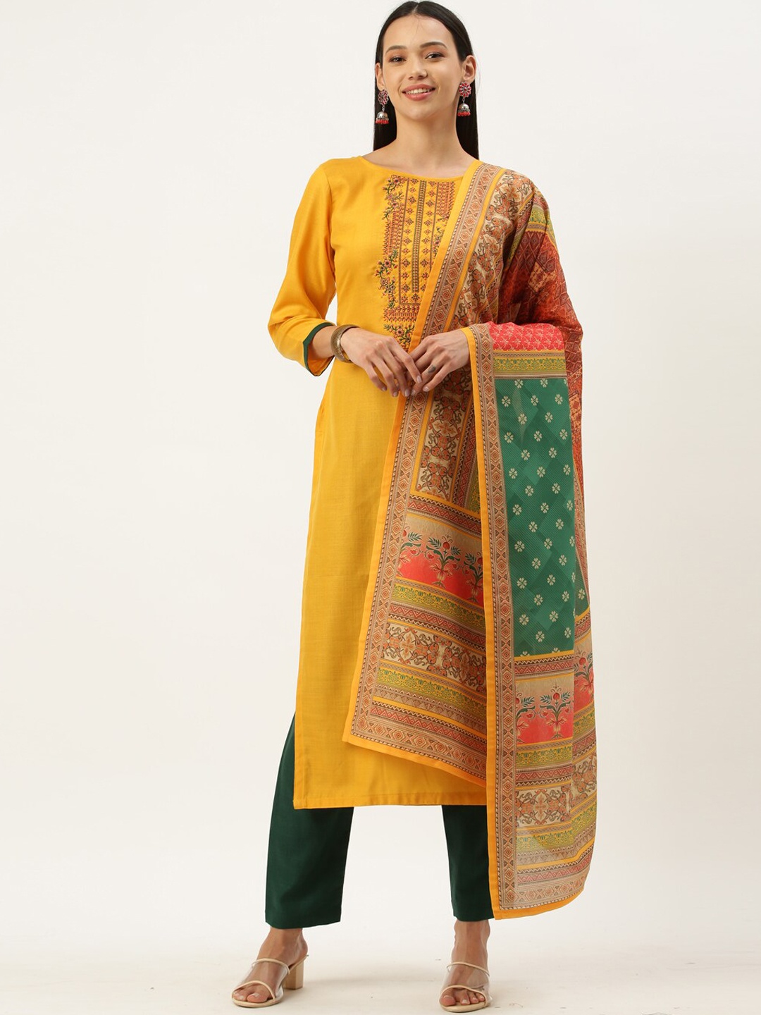 SheWill Women Mustard Yellow & Green Embroidered Straight Kurta with Trousers & Dupatta
SheWill Women Mustard Yellow & Green Embroidered Straight Kurta with Trousers & Dupatta
