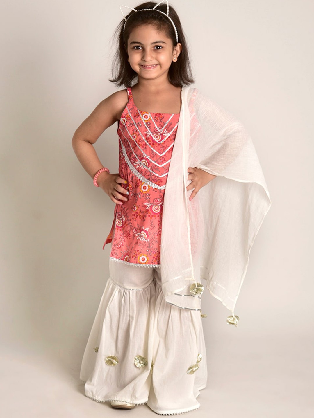 CUTE LEMONS Girls Peach Floral Printed Regular Kurti with Sharara & With Dupatta