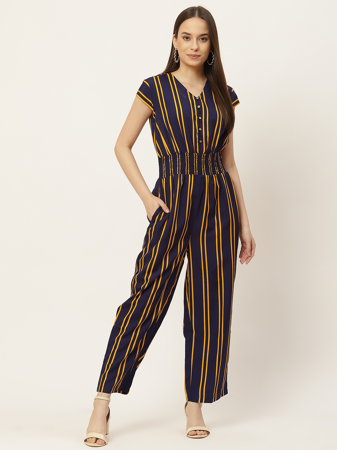 Slenor Navy Blue & Yellow Smocked Striped Basic Jumpsuit
