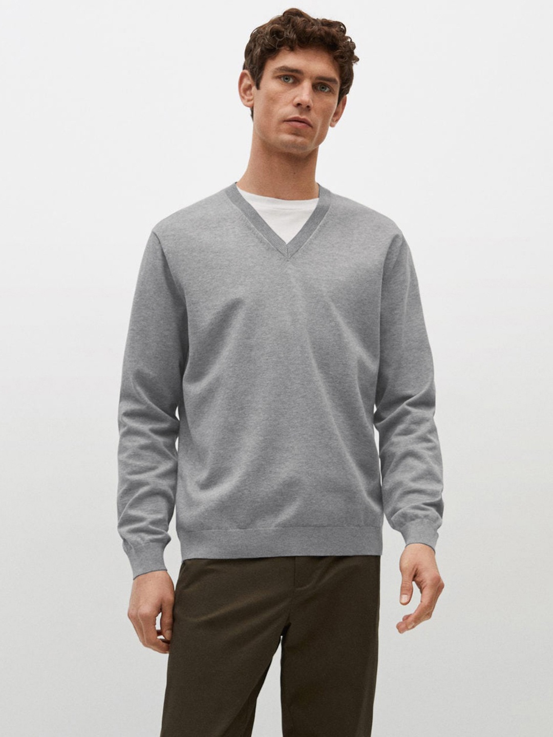 MANGO MAN Men Grey Melange Solid Pullover