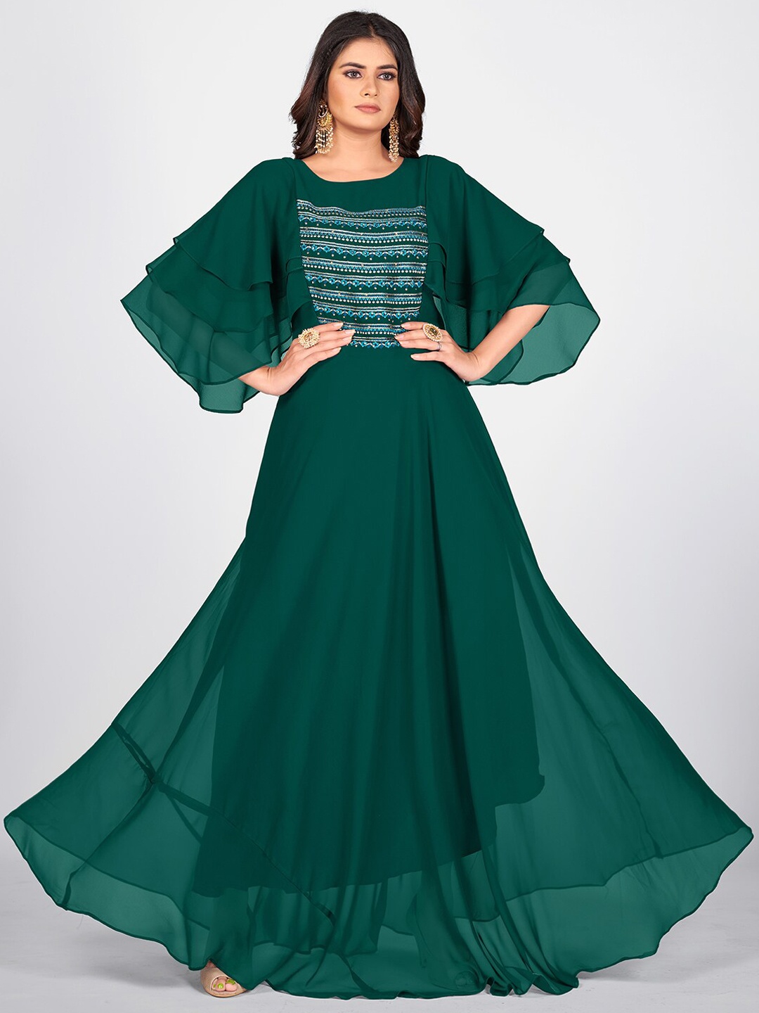 SHOPGARB Green Floral Embroidered Georgette Maxi Dress