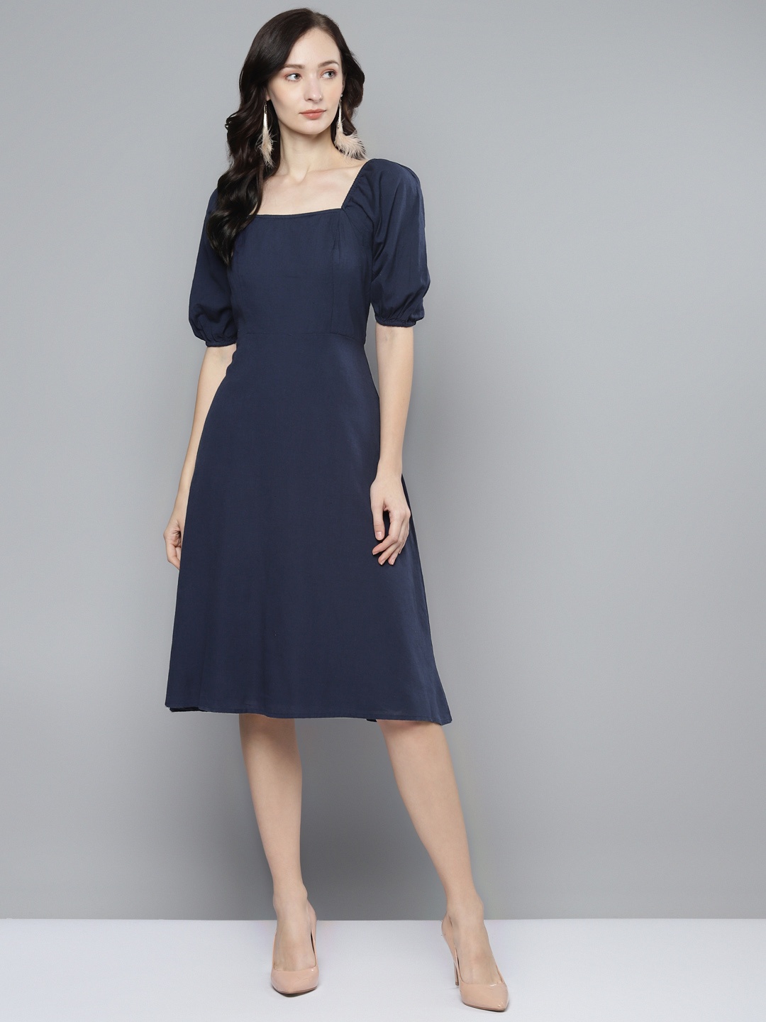 Femella Women Navy Blue Solid Puff Sleeves A-Line Dress