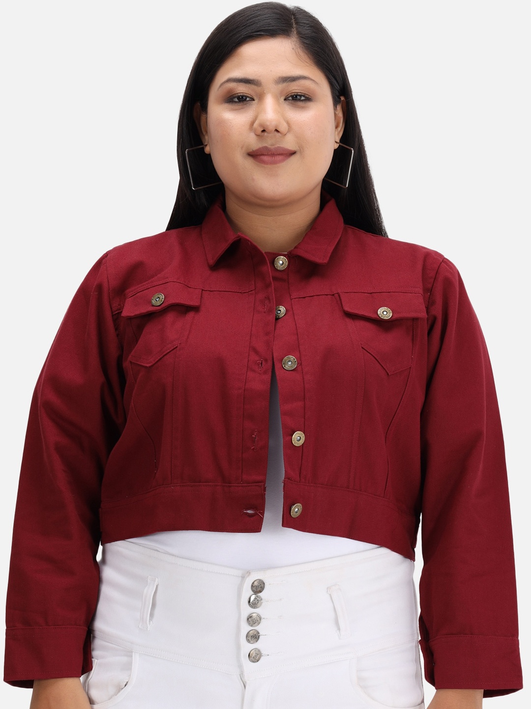 FurryFlair Women Maroon Crop Denim Jacket