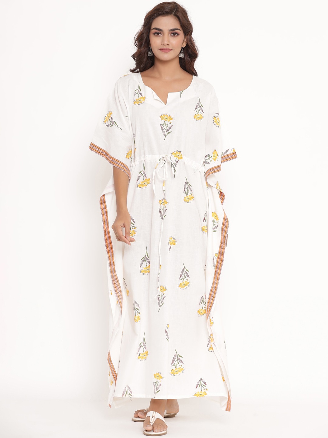 Fabriko White Floral Cotton Kaftan Maxi Dress