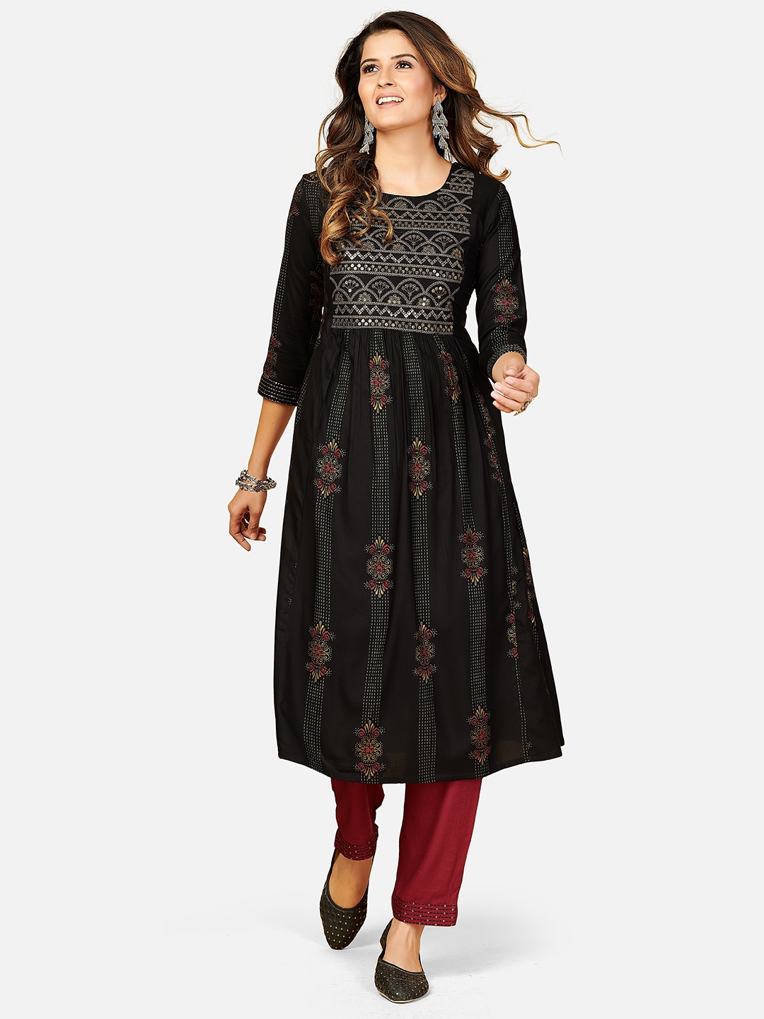 Vbuyz Women Black & Maroon Floral Printed Pleated Sequinned Anarkali Kurta with Trousers
Vbuyz Women Black & Maroon Floral Printed Pleated Sequinned Anarkali Kurta with Trousers