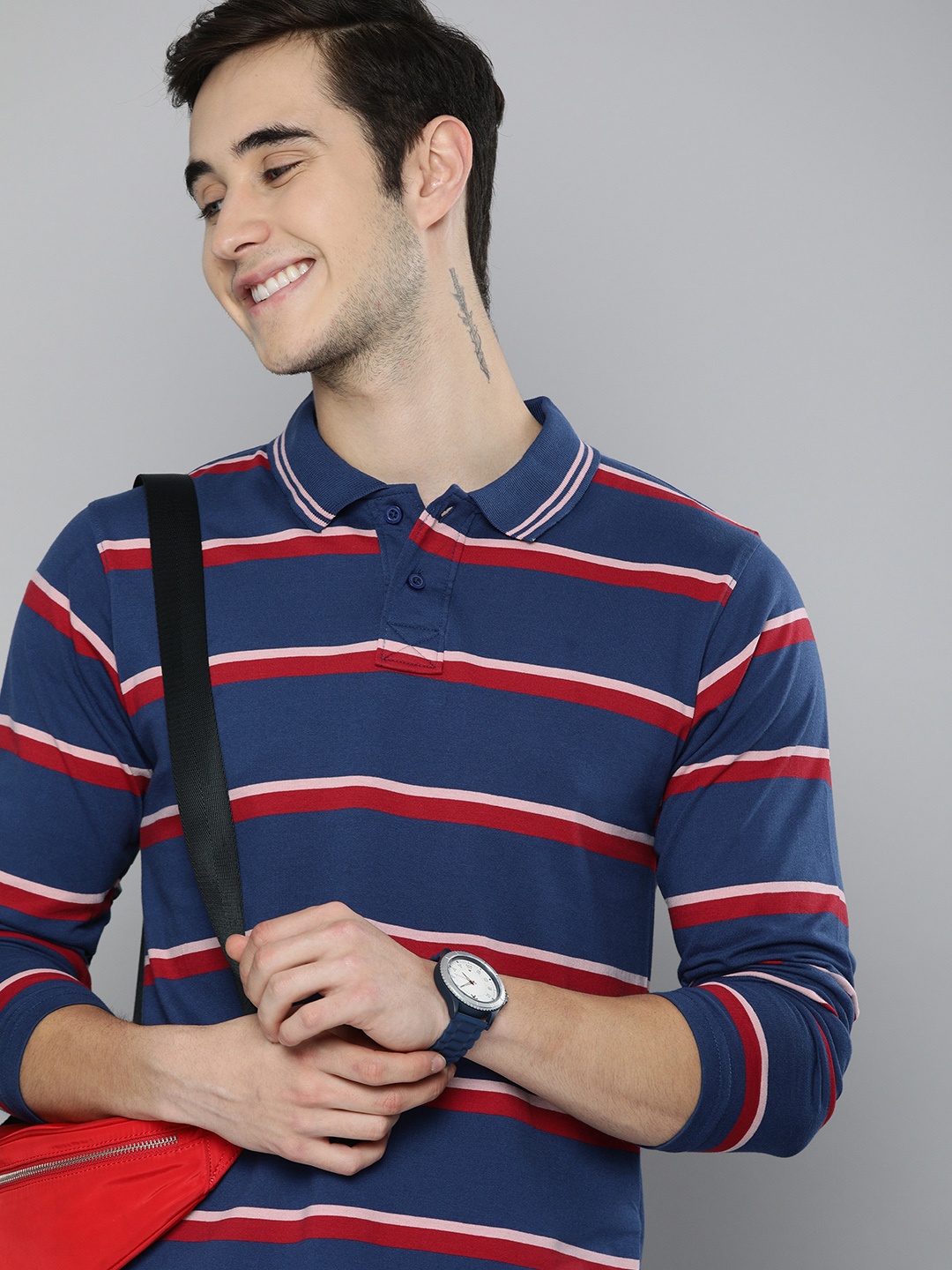 HERE&NOW Men Blue & Red Striped Polo Collar T-shirt