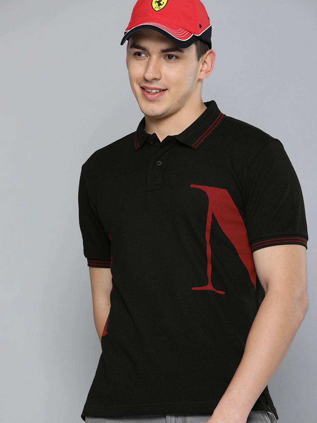 HERE&NOW Men Black & Red Typography Printed Pure Cotton Polo Collar T-shirt