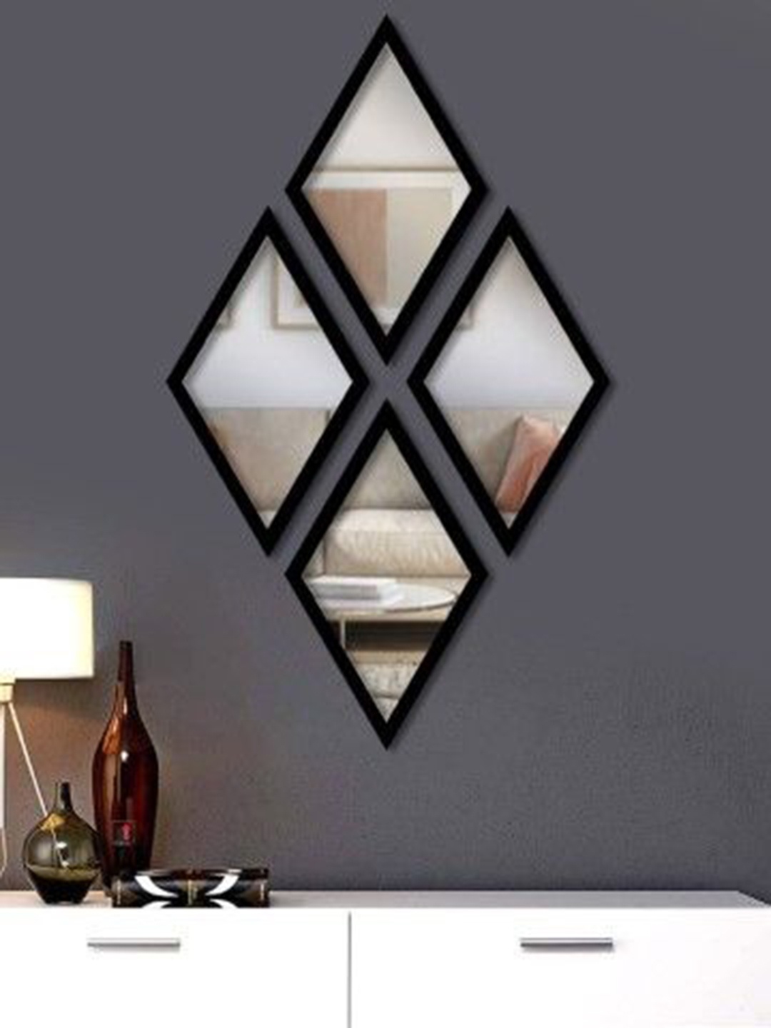 Art Street Set Of 4 Black Solid Decorative Diamond-Shaped Wall Mirrors
