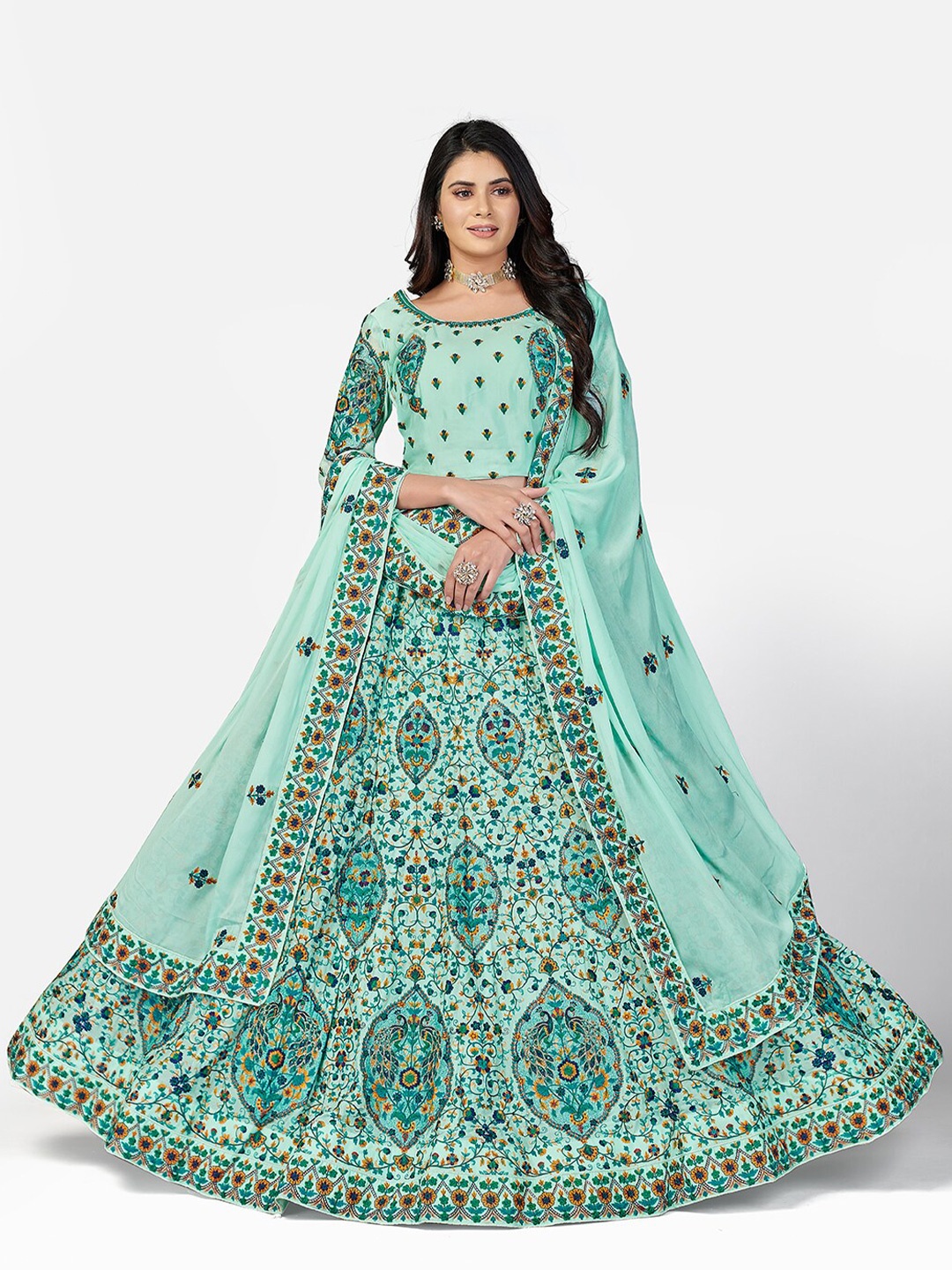 SHOPGARB Turquoise Blue & Yellow Embroidered Thread Work Kalamkari Semi-Stitched Lehenga & Unstitched Blouse
SHOPGARB Turquoise Blue & Yellow Embroidered Thread Work Kalamkari Semi-Stitched Lehenga & Unstitched Blouse