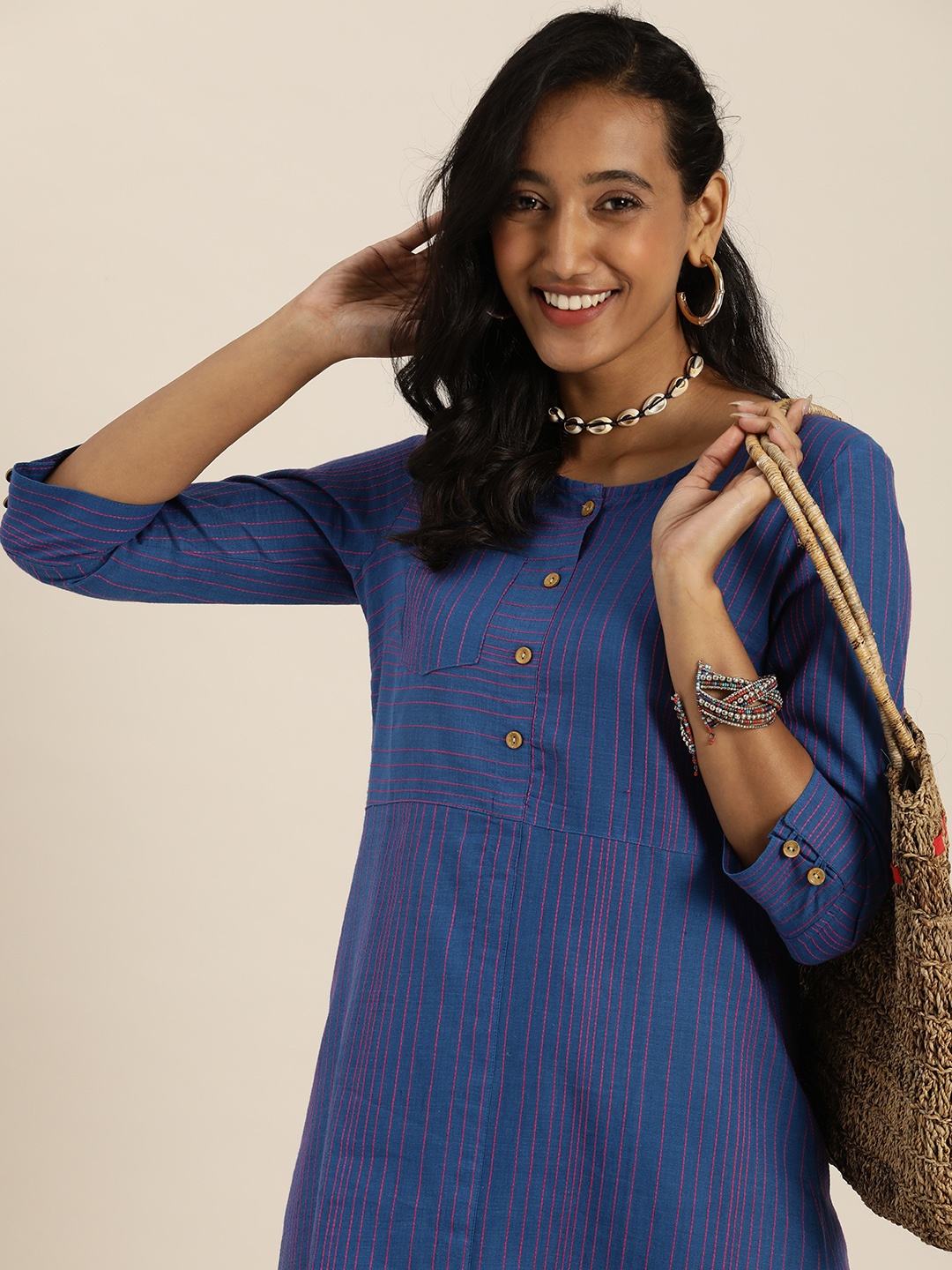 Taavi Navy Blue Woven Legacy Striped Sustainable Pure Cotton A-Line Midi Dress with Pocket
Taavi Navy Blue Woven Legacy Striped Sustainable Pure Cotton A-Line Midi Dress with Pocket