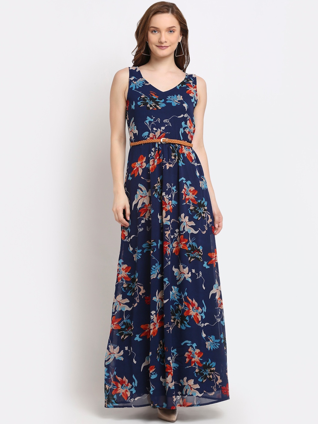 La Zoire Navy Blue & Red Floral Georgette Maxi Dress
