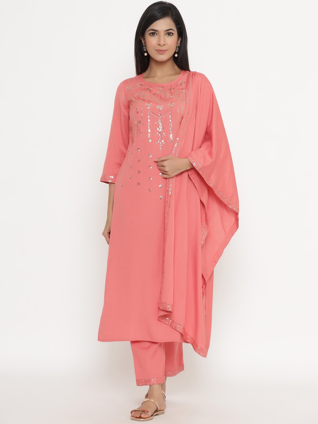 Fabriko Women Peach-Coloured Floral Embroidered Regular Sequinned Kurta with Palazzos & With Dupatta
Fabriko Women Peach-Coloured Floral Embroidered Regular Sequinned Kurta with Palazzos & With Dupatta