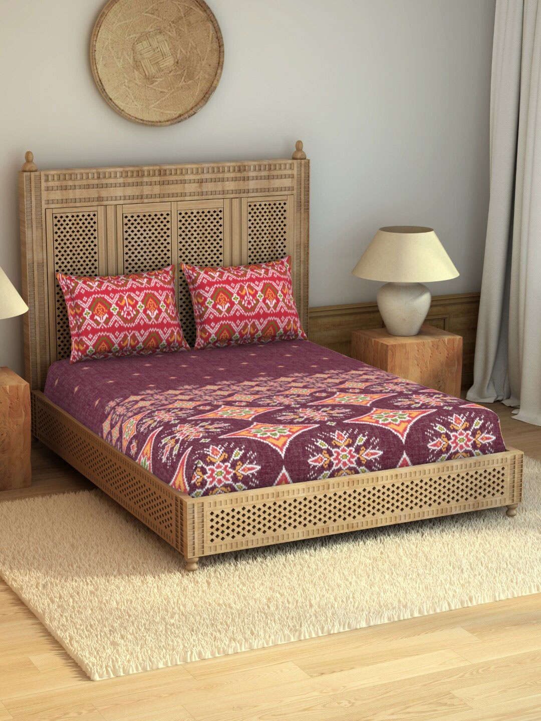 SPACES Rangana Nalgona Magenta & Pink Ethnic Motifs 210 TC Pure Cotton King Bedsheet with 2 Pillow Covers
SPACES Rangana Nalgona Magenta & Pink Ethnic Motifs 210 TC Pure Cotton King Bedsheet with 2 Pillow Covers