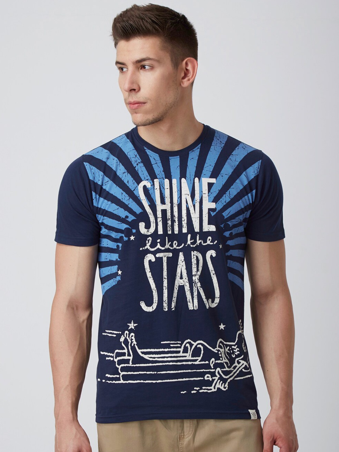 FIDO DIDO Men Navy Blue & White Typography Printed Slim Fit T-Shirt