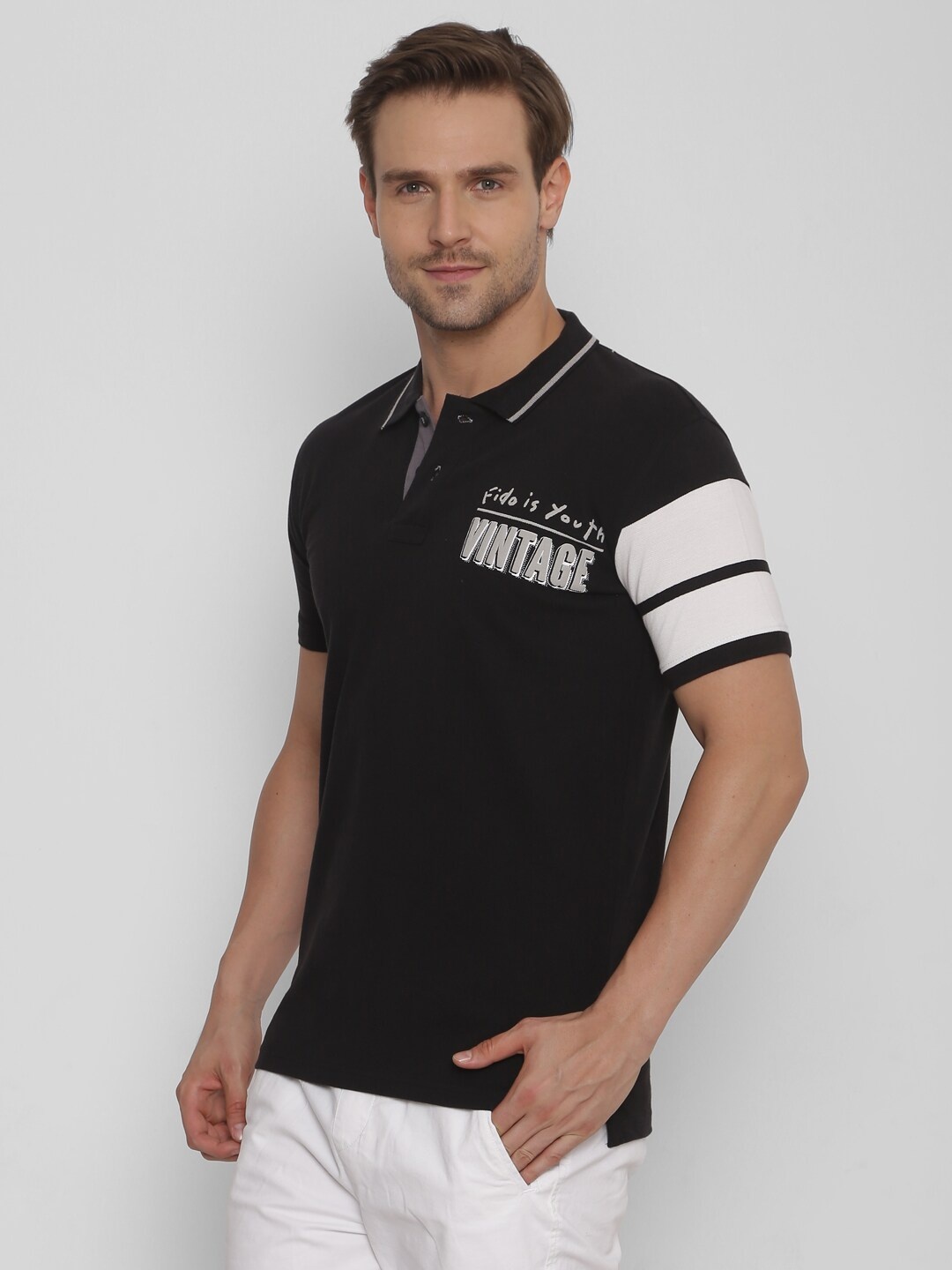 FIDO DIDO Men Black White Typography Printed Pure Cotton Polo Collar Slim Fit Pure Cotton T-shirt
FIDO DIDO Men Black White Typography Printed Pure Cotton Polo Collar Slim Fit Pure Cotton T-shirt
