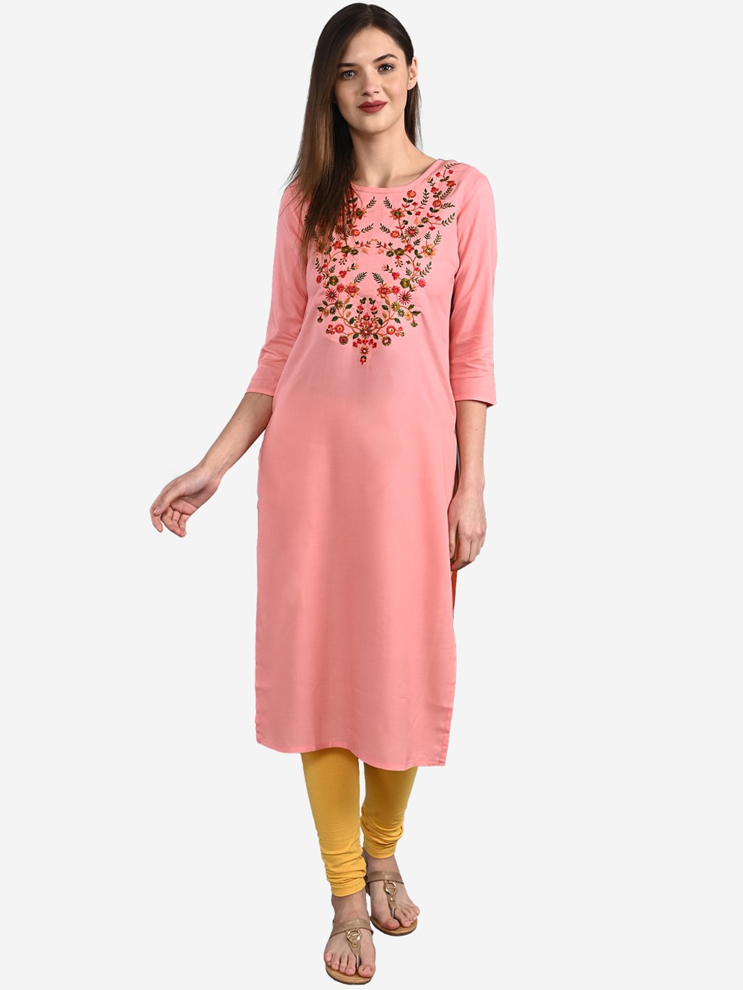 GULMOHAR JAIPUR Women Pink Floral Embroidered Mirror Work Kurta