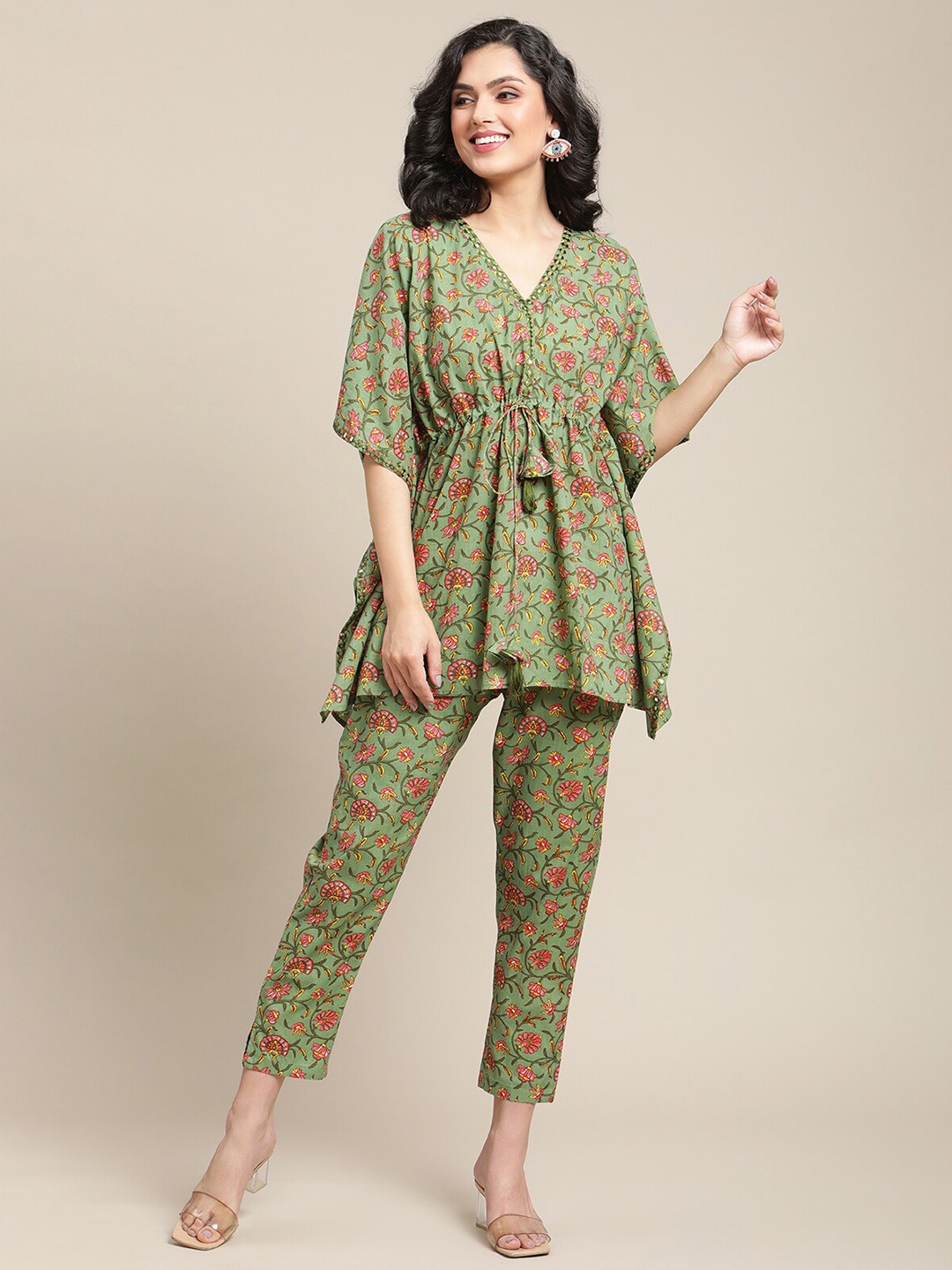 Varanga Women Green Floral Printed Kaftan Pure Cotton Trouser Set