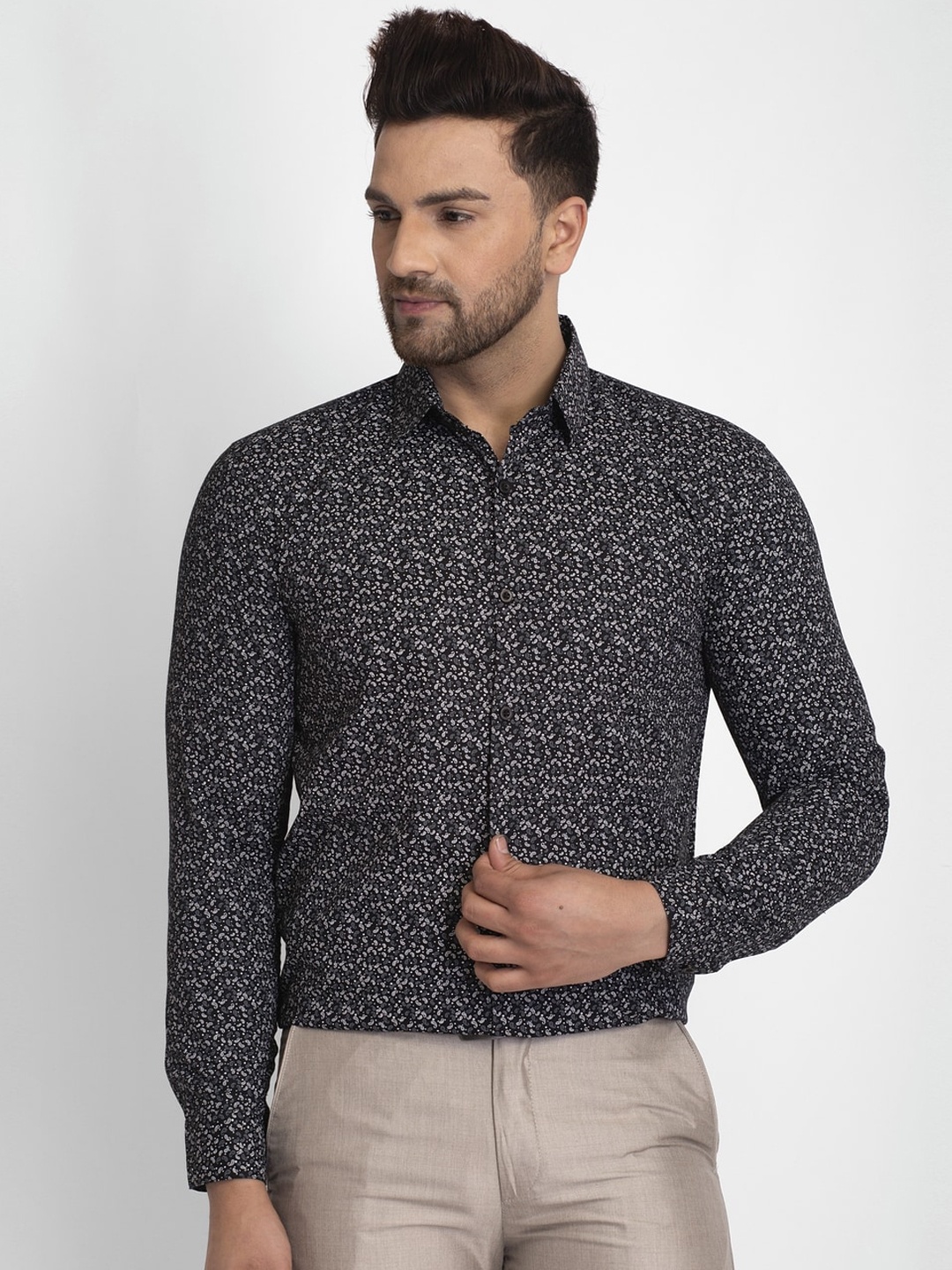 JAINISH Men Black Smart Floral Opaque Printed Formal Shirt