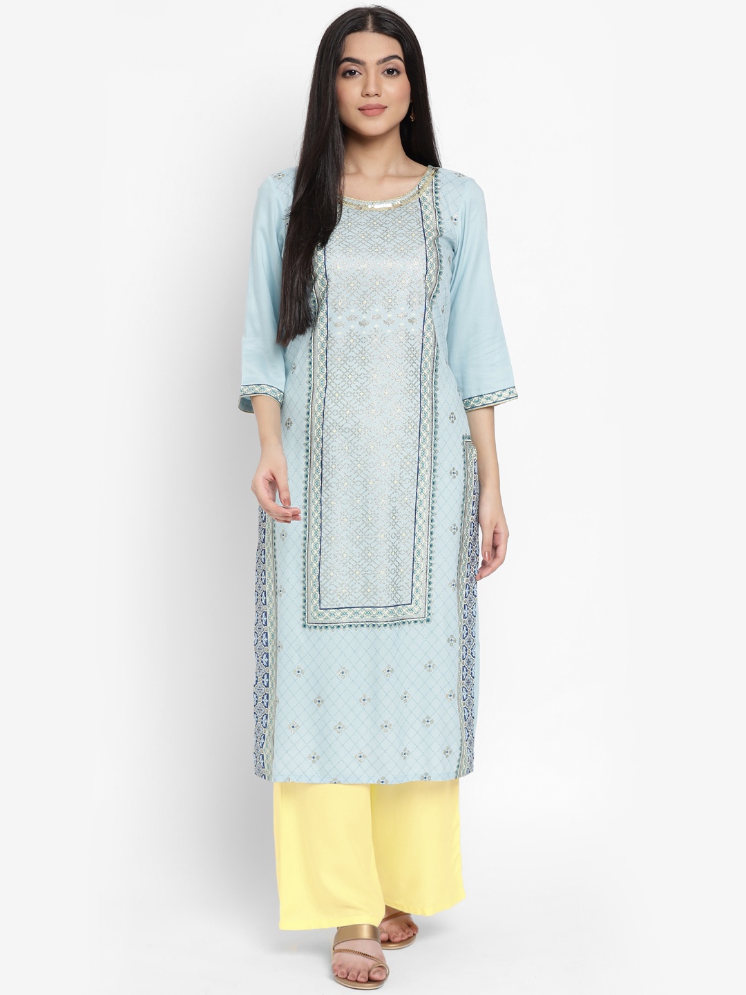 AURELIA - The Aure Collection Women Blue & Golden Geometric Print Sequinned Kurta with Palazzos
AURELIA - The Aure Collection Women Blue & Golden Geometric Print Sequinned Kurta with Palazzos