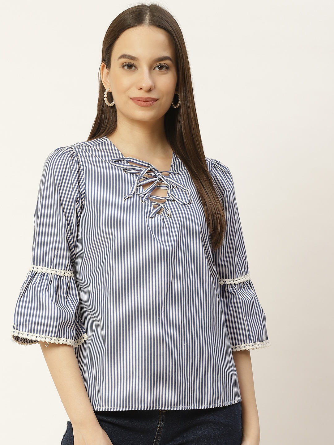 Aayna Blue Striped Tie-Up Neck Crepe Regular Top