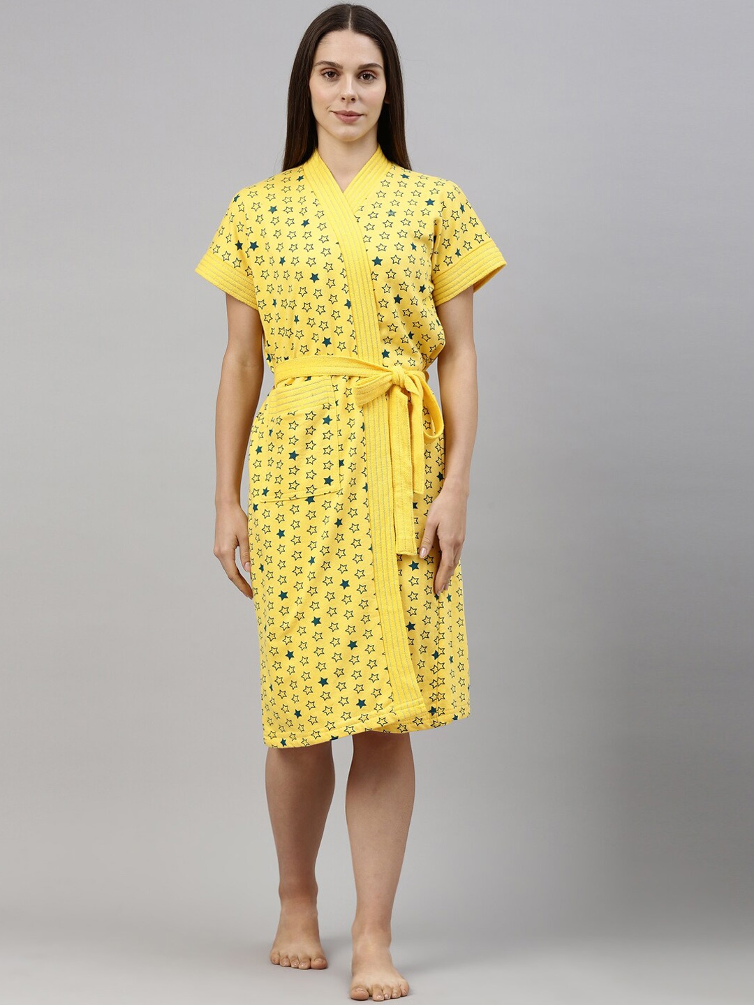 GOLDSTROMS Women Yellow & Blue Printed Cotton Bath Robe