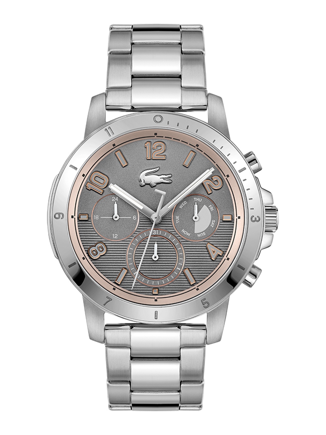 Lacoste Men Grey Brass Dial & Silver Toned Stainless Steel Bracelet Style Straps Analogue Multi Function Watch
Lacoste Men Grey Brass Dial & Silver Toned Stainless Steel Bracelet Style Straps Analogue Multi Function Watch