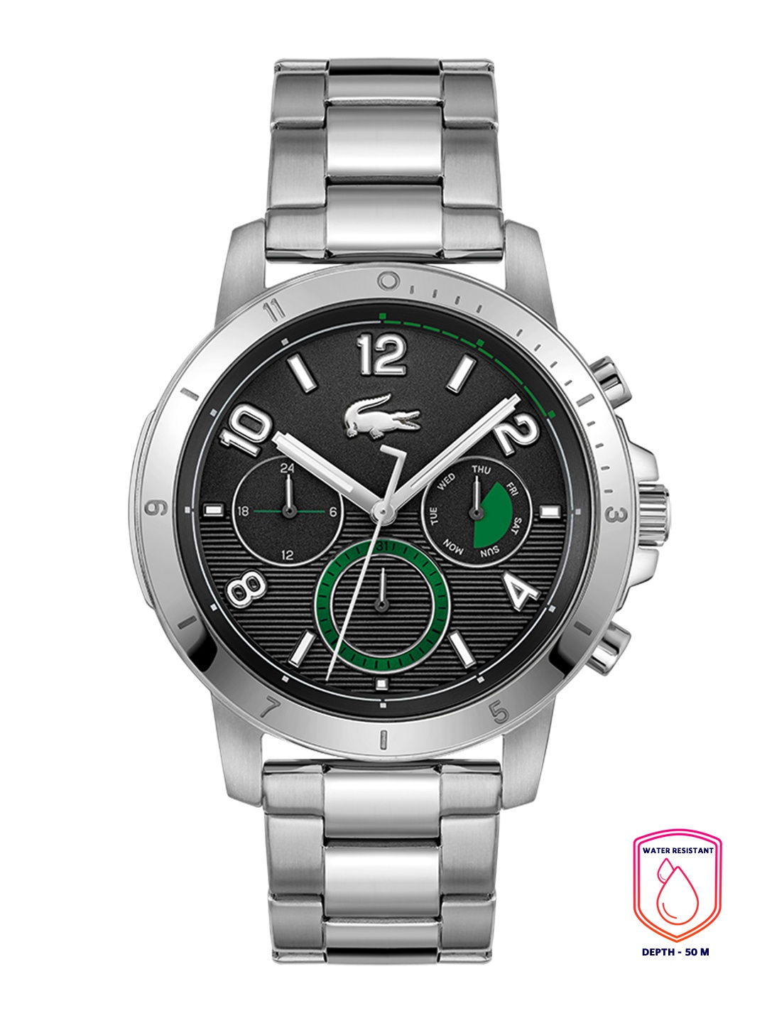 Lacoste Men Black Brass Dial & Silver Toned Stainless Steel Bracelet Style Straps Analogue Multi Function Watch
Lacoste Men Black Brass Dial & Silver Toned Stainless Steel Bracelet Style Straps Analogue Multi Function Watch