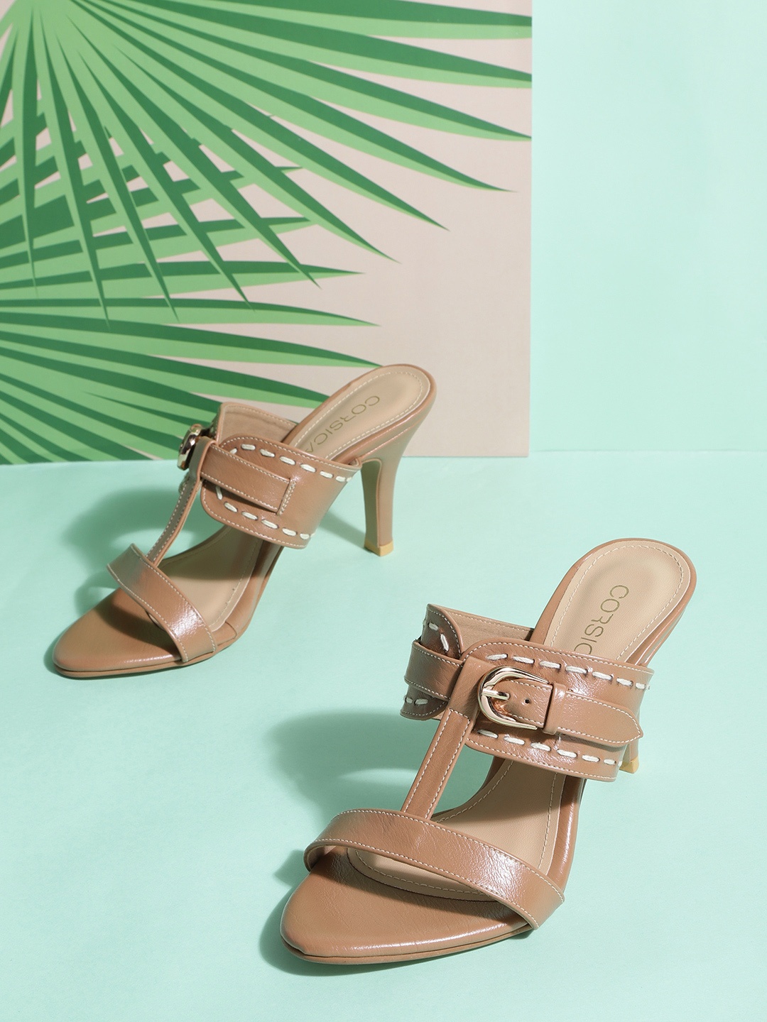 CORSICA Women Beige Solid Handcrafted Heels with Buckle & Thread-Work Detail