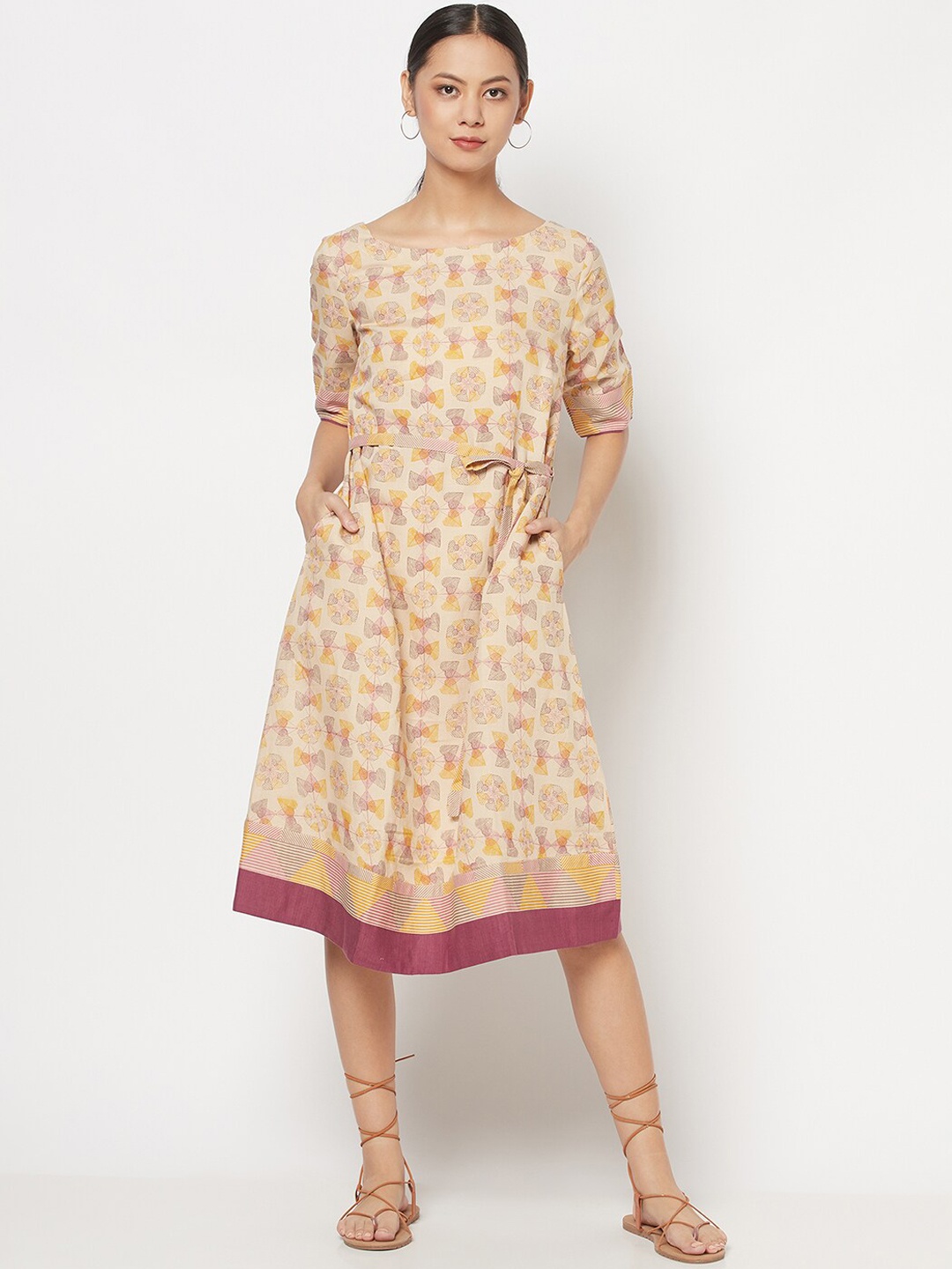 Fabindia Beige & Pink Printed Belted A-Line Midi Dress