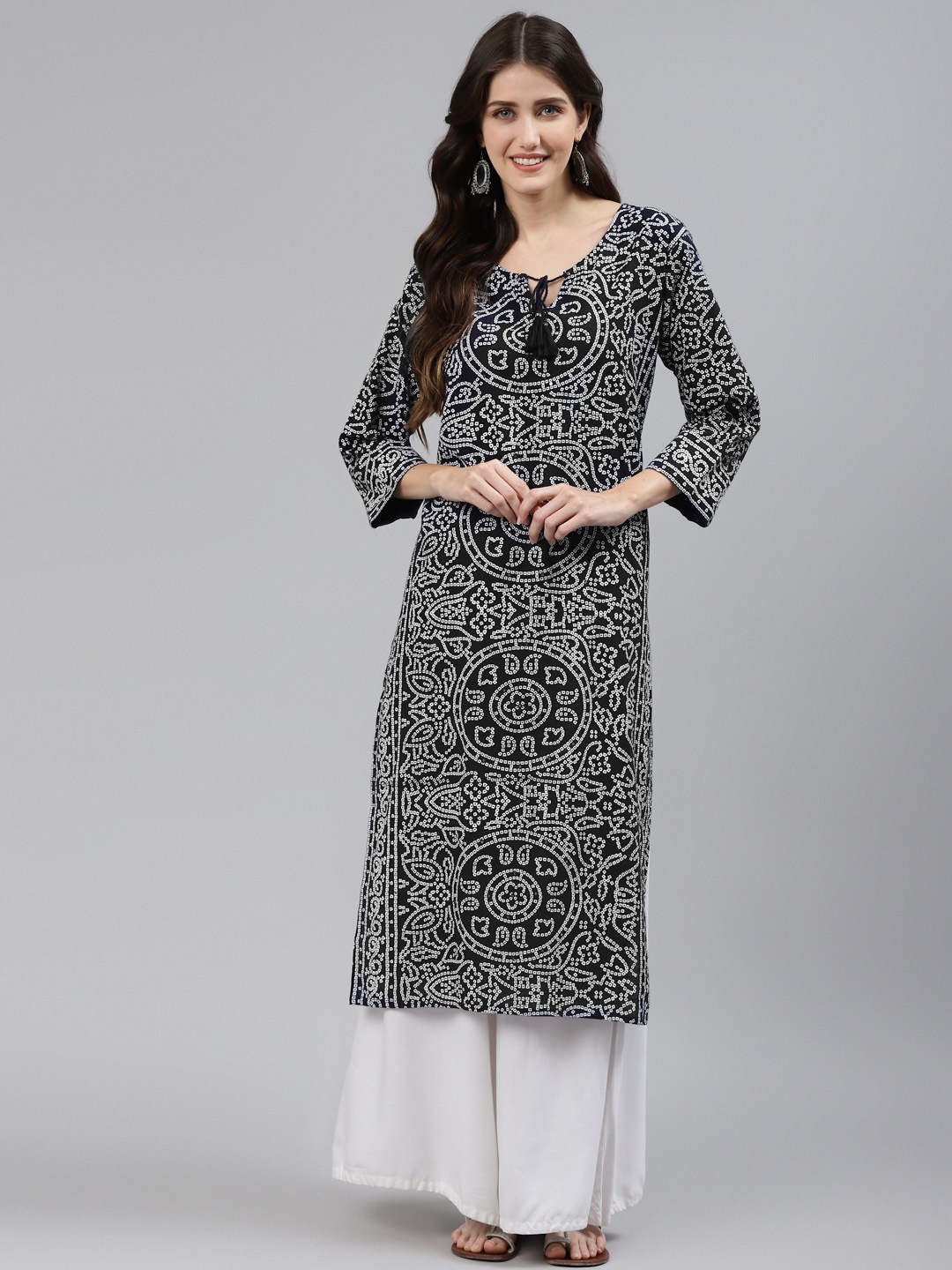 Readiprint Fashions Women Black & White Bandhani Printed Mirror Work Kurta