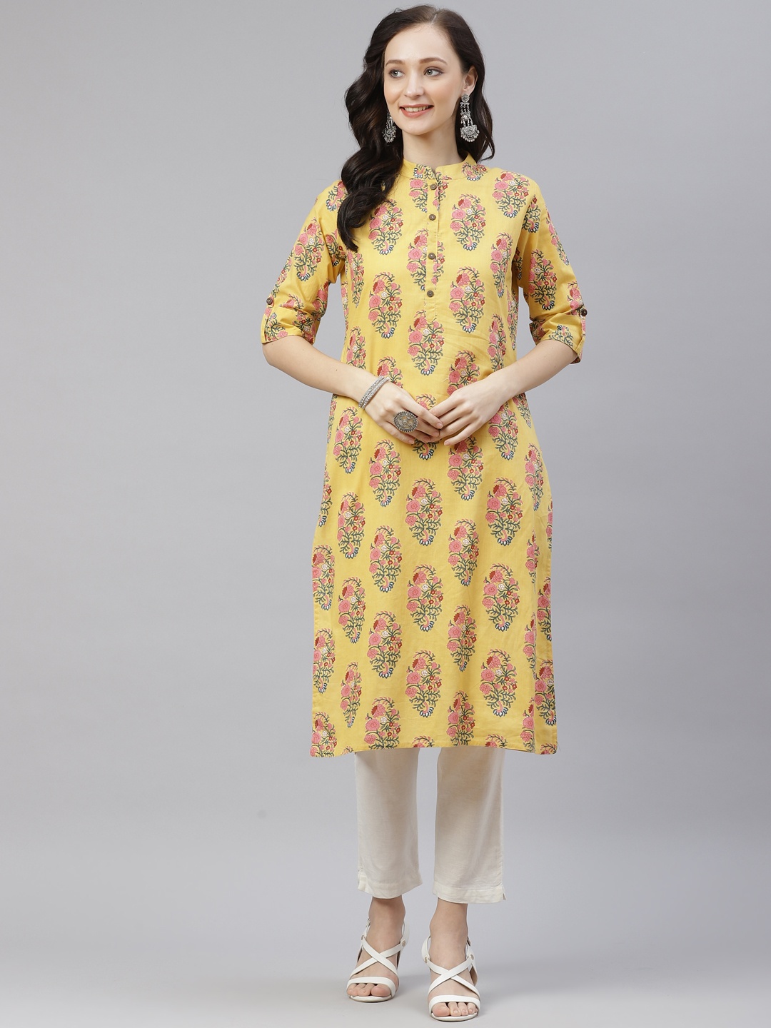 Divena Women Yellow & Pink Floral Printed Kurta
