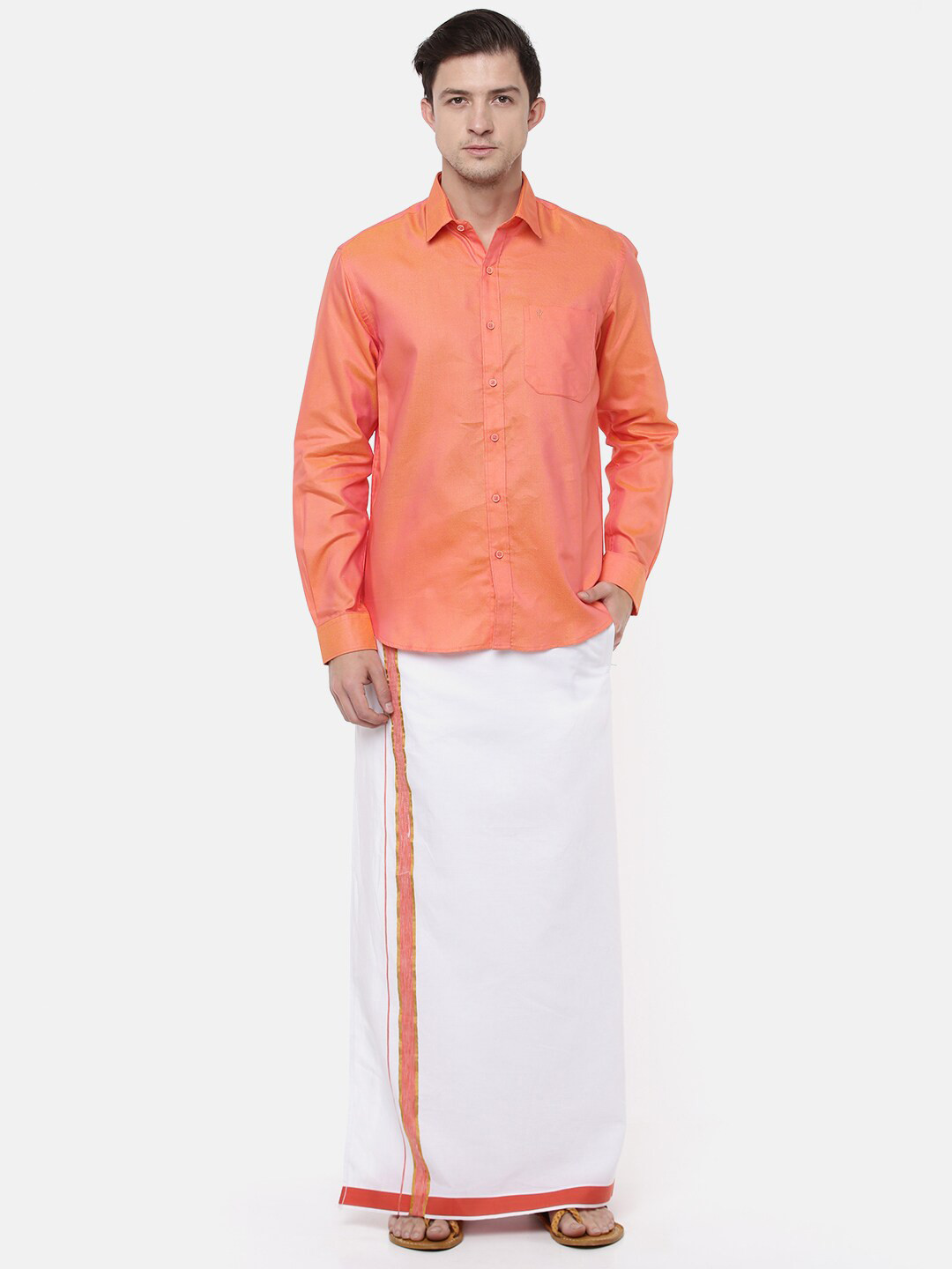 Ramraj Men Orange & White Pure Cotton Shirt with Dhoti 
Ramraj Men Orange & White Pure Cotton Shirt with Dhoti