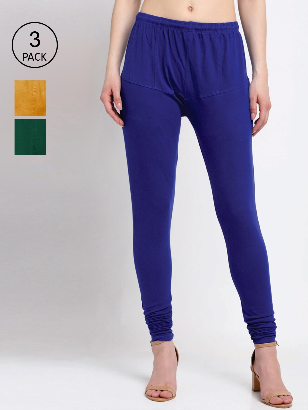 KLOTTHE Women Pack Of 3 Solid Churidar-Length Cotton Leggings, Navy blue