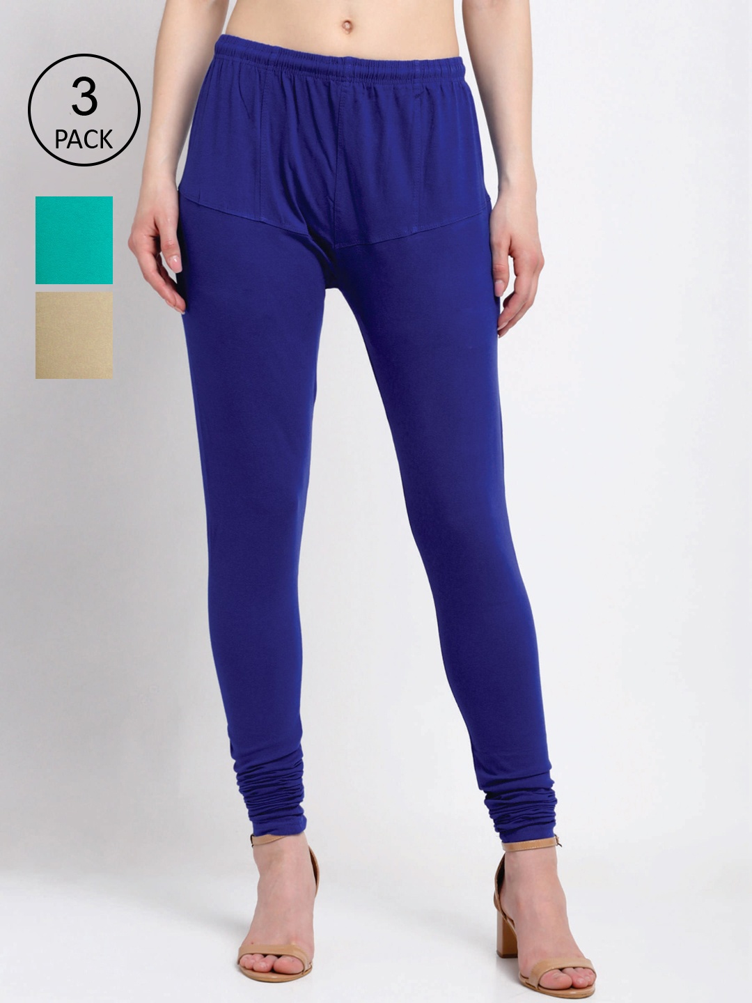 KLOTTHE Women Pack Of 3 Solid Cotton Churidar-Length Leggings, Blue